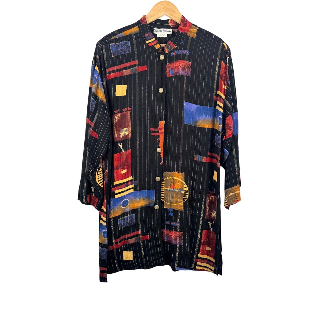 VTG Sharon Anthony Art to wear tunic 10 Black Abstract 90s oversized